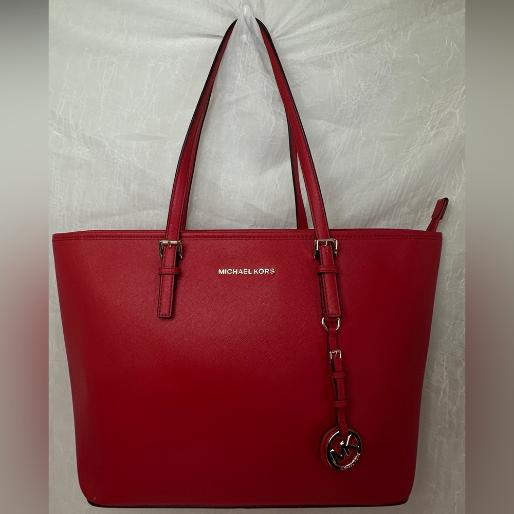 Michael Kors Red Leather Tote with Logo Charm